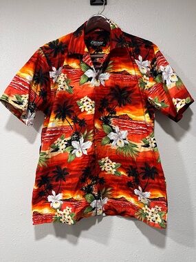 Favant Hawaiian Shirt Men’s Large Red Orange Sunset Tropical Flower Palm Tree